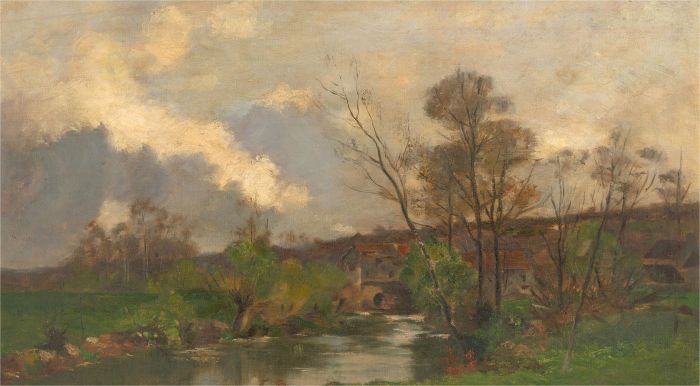 Early 20th Century Oil - A River Scene with Cottages and Trees