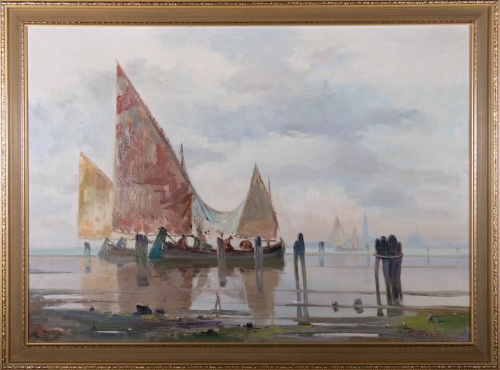 E. Noretti - 20th Century Oil, Venetian Boats