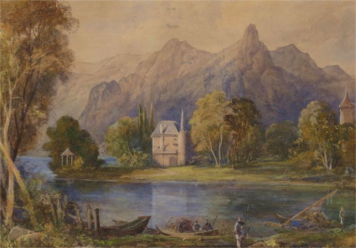 Late 19th Century Oil - Mountainous Lake Scene with Fishermen