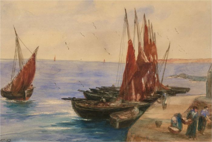F.R. - Early 20th Century Watercolour, Unloading the Ships