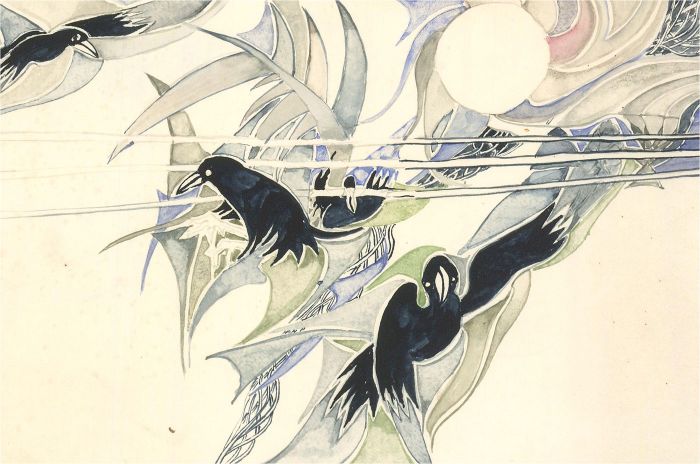 20th Century Watercolour - Black Birds Under the Sun