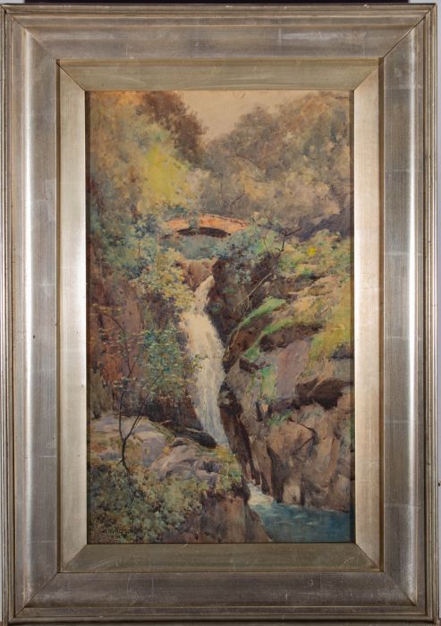 Willie Stephenson (fl.1893-1938) - Watercolour, Waterfall Gorge with Bridge