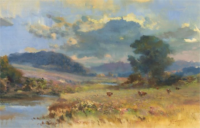 Mid 20th Century Gouache - Grazing by the River