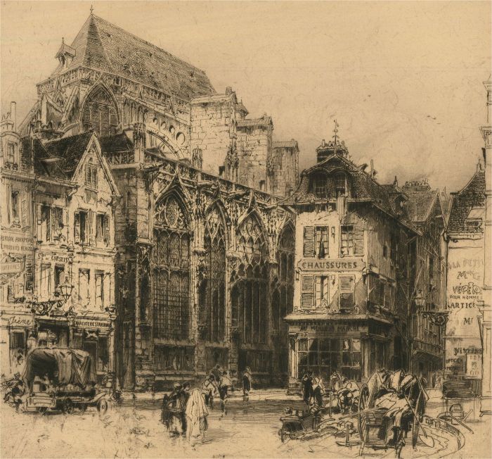 Hedley Fitton RE (1857-1929) - 1923 Etching, Place de l'Hôtel de Ville, Troyes