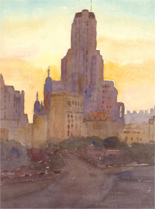 Mid 20th Century Watercolour - Backlit City View