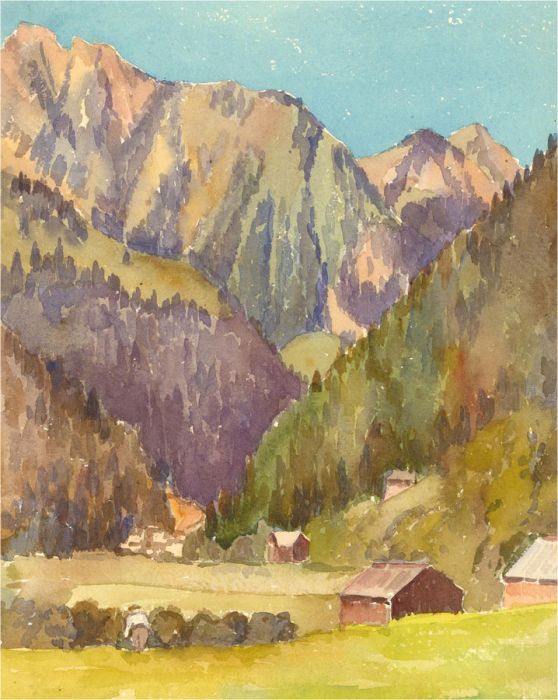 Mid 20th Century Watercolour - Mountain Cabins