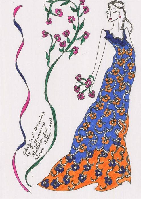 Roz Jennings  - 20th Century Pen and Ink Drawing, Floral Evening Gown