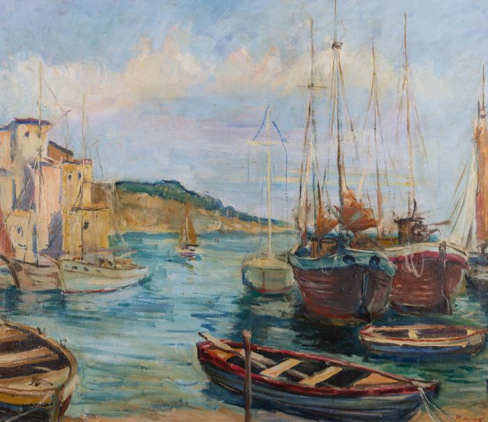 20th Century Oil - Coastal Town and Harbour Scene
