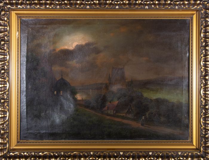 E.K. - Late 19th Century Oil, Village at Night-time