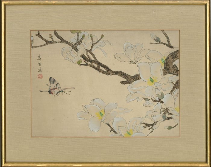 Mid 20th Century Watercolour - Magnolia With Butterfly