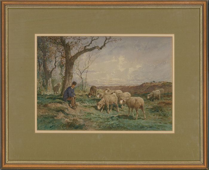 Frank Brissot (Act.1879-1881) - Watercolour, Shepherd and His Sheep
