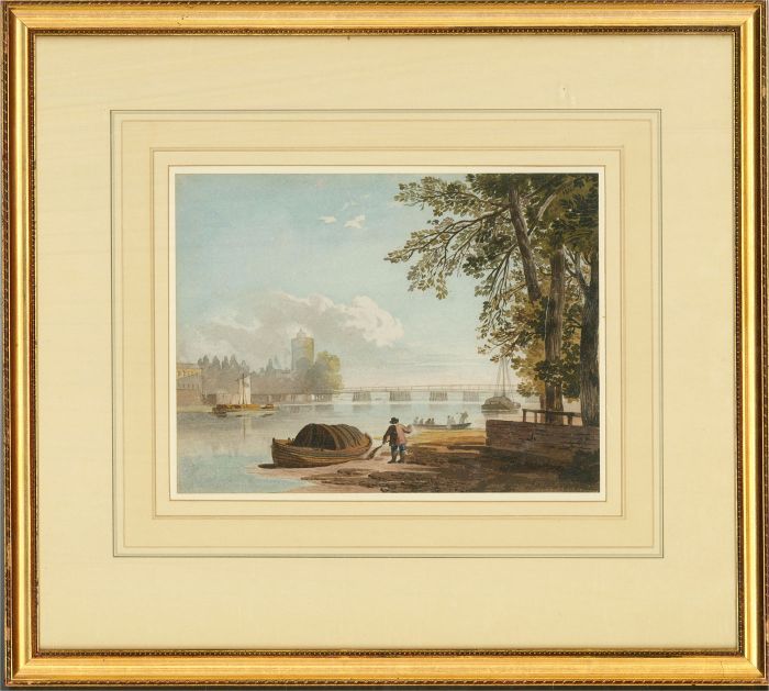 19th Century Watercolour - River Bridge, Boats and Figures