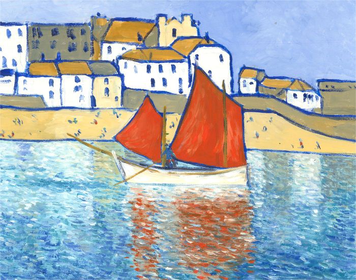 St. Ives School - Contemporary Oil, Red Sailboat in the Harbour