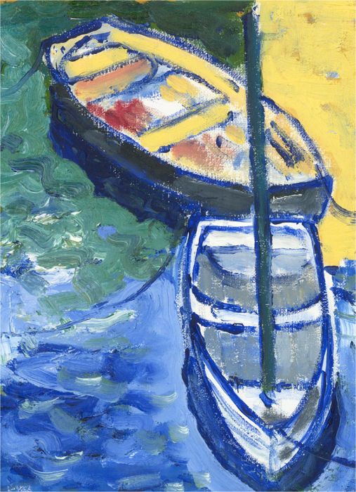 St. Ives School - Contemporary Oil, Moored Boats, St. Ives