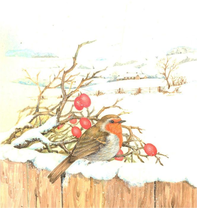 20th Century Watercolour - Robin in a Snowy Landscape