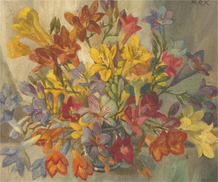 A. R. K - Mid 20th Century Oil, Colourful Freesias