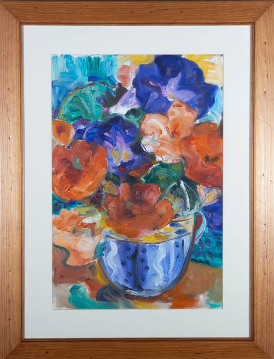 20th Century Oil - Vibrant Flowers in Blue and White Vase