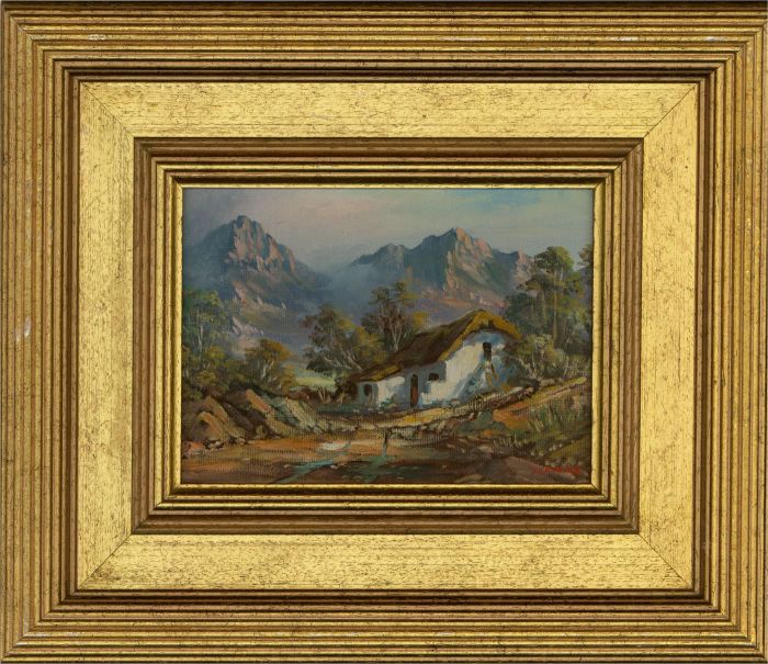 Contemporary Oil - Mountains and White Cottage