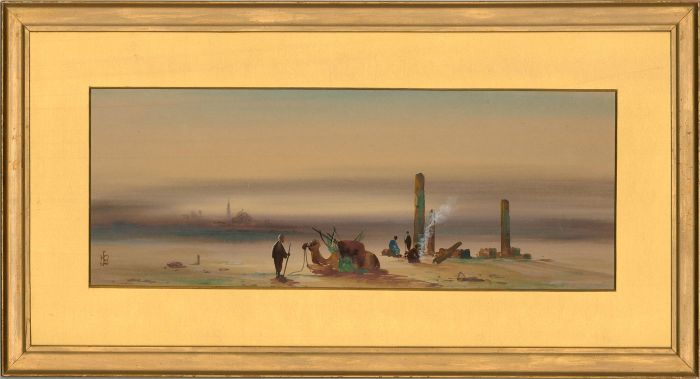 20th Century Watercolour - Resting Camels