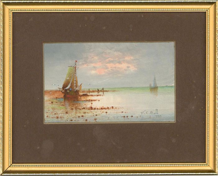 F. E. Bull  - 1977 Watercolour, Ships at Dusk
