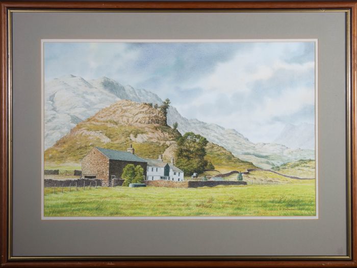 Robert Salmon - Contemporary Watercolour, Farm in the Mountains