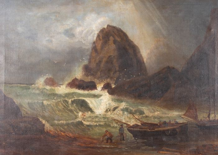 Early 20th Century Oil - Bringing In The Lobster Pots