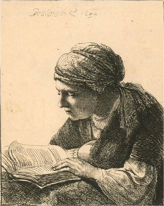 Rembrandt  - Restrike 19th Century Etching, Woman Reading