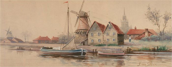 J. Van Steen - Signed Late 19th Century Watercolour, Windmills on the River