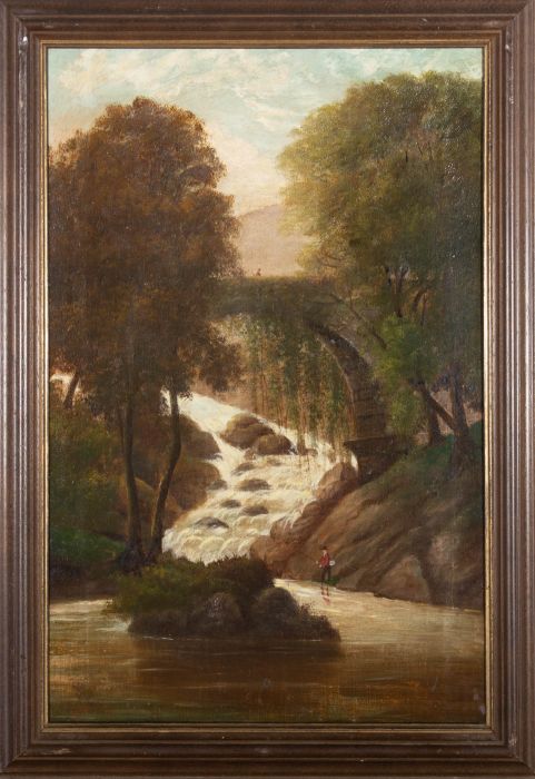 Late 19th Century Oil - Fishing By The Bridge