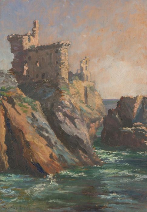 C. Guitard  - 1926 Oil, French Castle on a Cliff