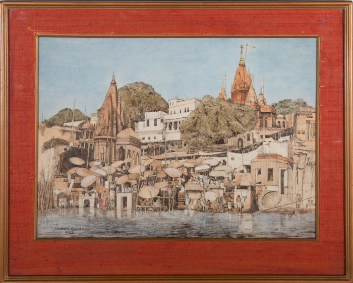 Sunil Guha - Signed and Dated 1982 Watercolour, Dasahwamedh Ghat Varansi,