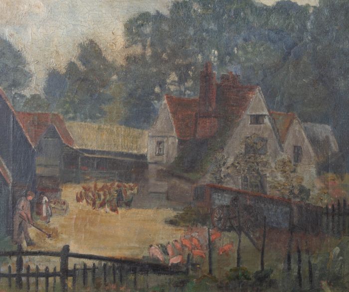 Naive Early 20th Century Oil - The Busy Farmyard