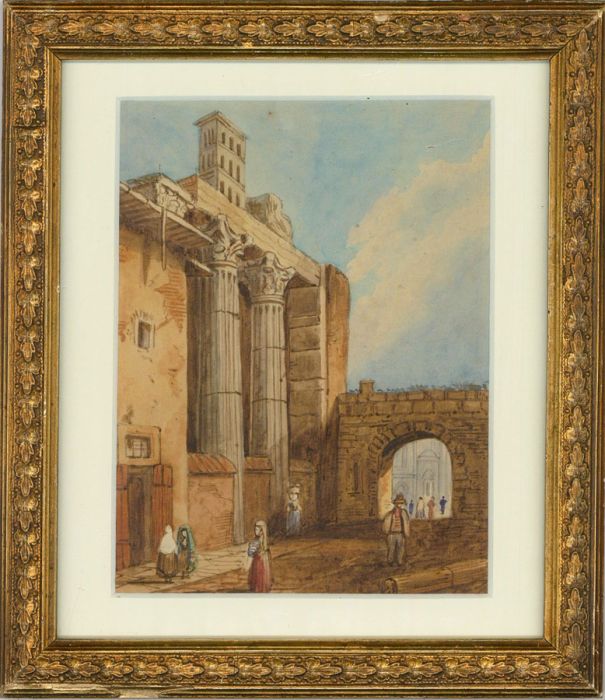 Framed Late 19th Century Watercolour - Town Square Archway