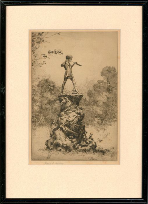 Hilda E. Bonsey - Framed Early 20th Century Etching, Peter Pan Statue