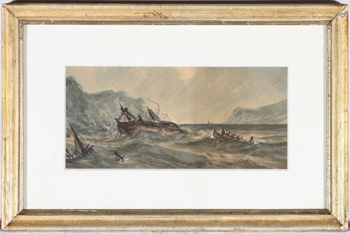 Framed 19th Century Watercolour - Trouble at Sea