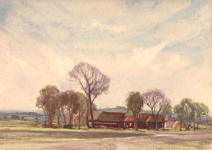 George Robert Rushton RBA ROI (1868-1948) - Watercolour, A Berkshire Farm