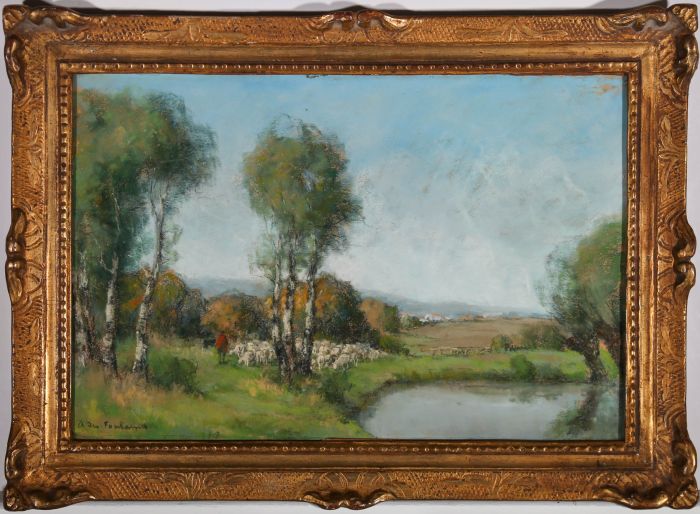 Andre des Fontaines (1869-1910) - French School Pastel, Shepherd & His Flock