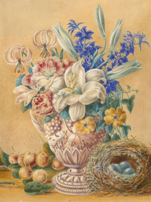 Early 20th Century Watercolour - Still life of flowers & Bird's Nest