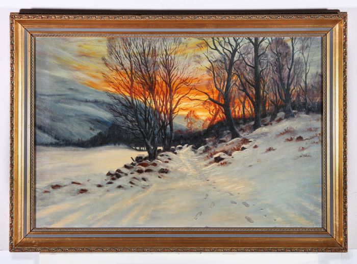 Manner of Walter Launt Palmer (1854-1932)- Mid 20thC Oil, Blazing Sunset On Snow