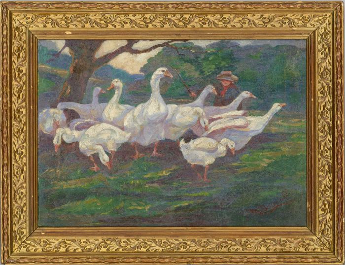 M. Barwick - Early 20th Century Oil, Herding Geese