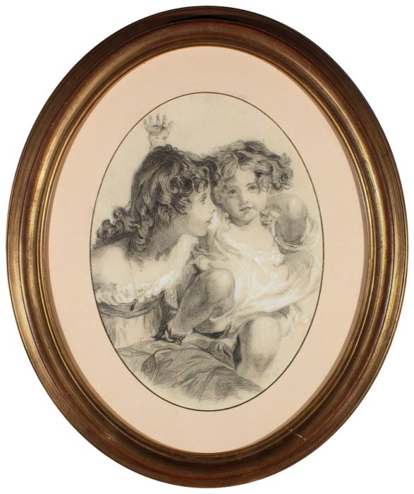 Oval Framed Mid 19th Century Charcoal Drawing - Portrait of Two Young Girls