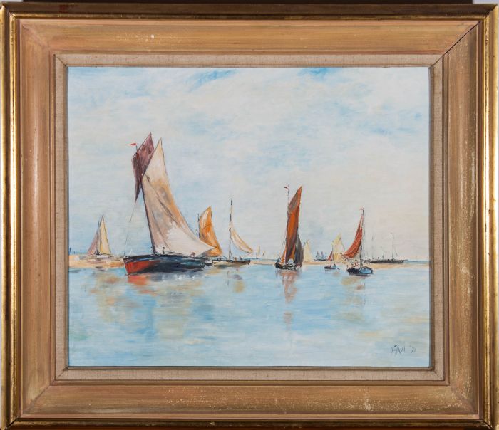 F.A.N. - 1971 Oil, Coastal View with Sailing Boats