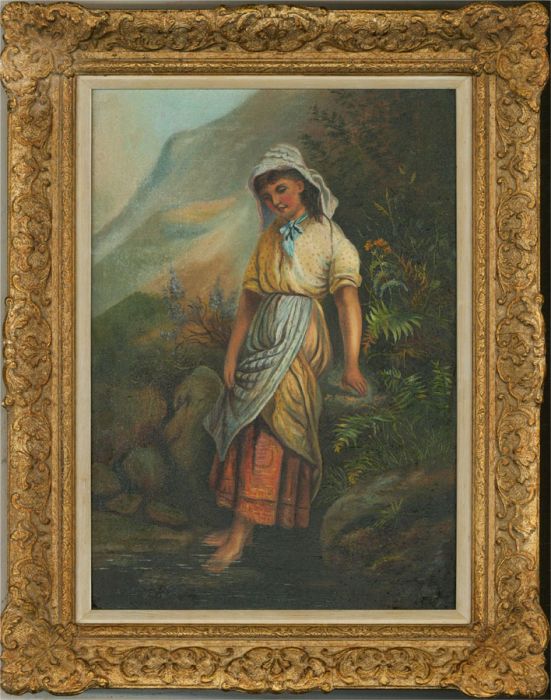 Late 19th Century Oil - Young Girl By The Stream