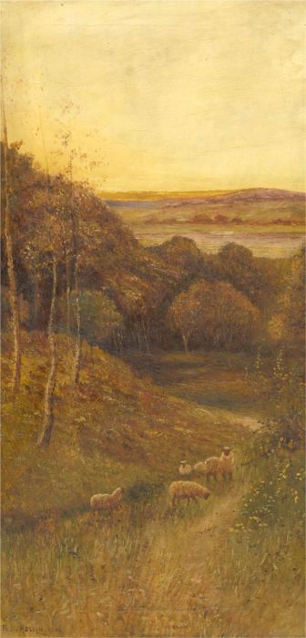 H. S. Rollin  - 1910 Oil, Grazing Sheep at Dusk
