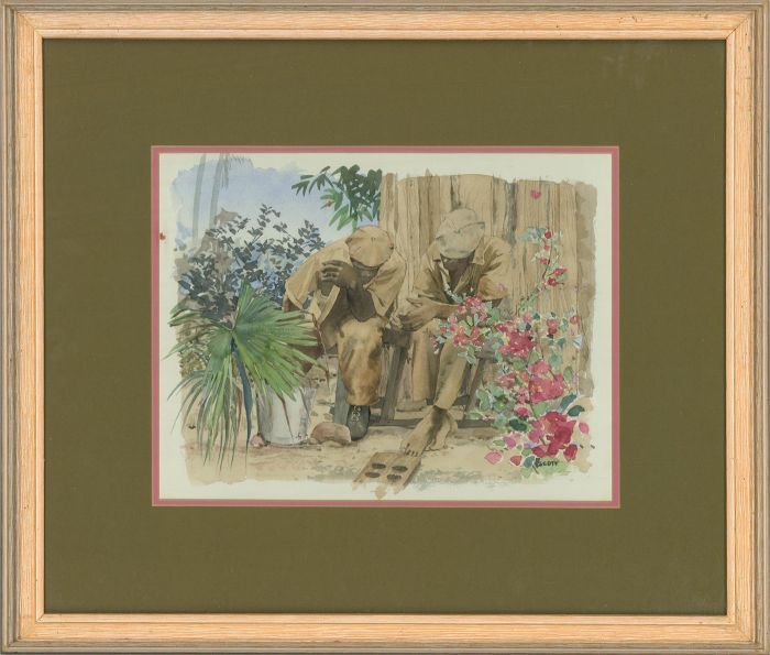 Scott - Contemporary Watercolour, Garden Scene with Two Figures