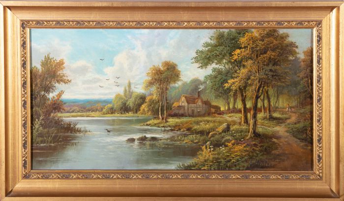 20th Century Oil - River Scene with Cottage