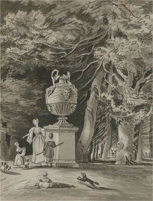 c.1830 Watercolour - Playing in the Gardens