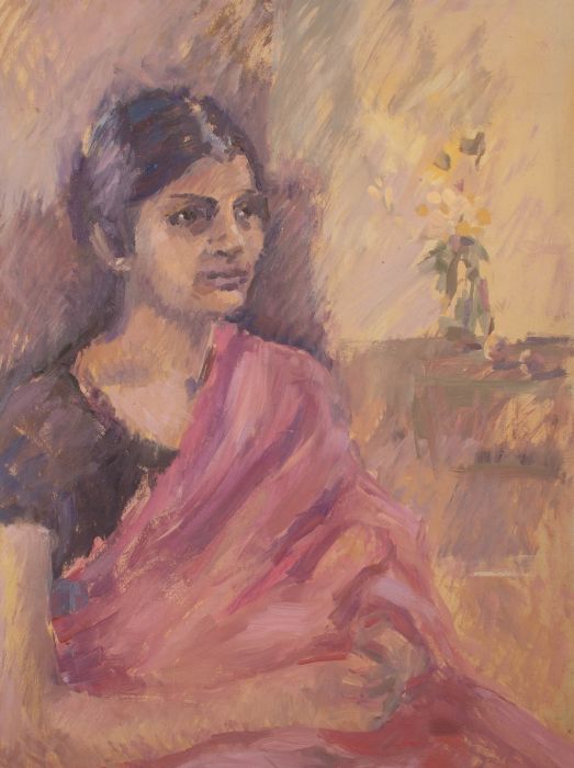 20th Century Oil - Girl in Pink Saree