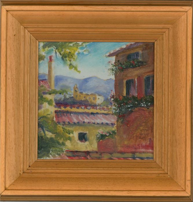C.H. - Contemporary Oil, Town View with Mountains
