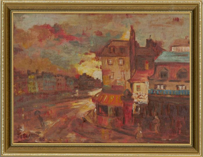 J.E. Beaton - 1980 Oil, Rainy Street Scene